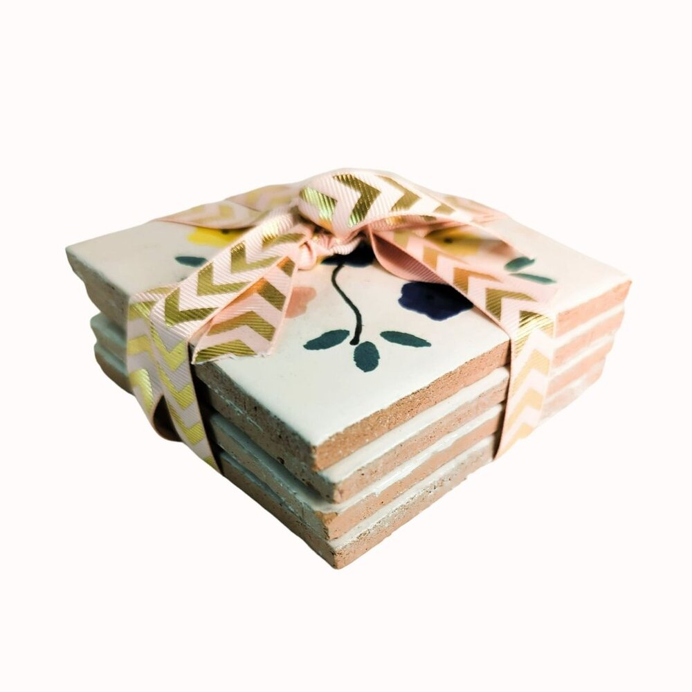 Peach Floral Terracotta Ceramic Tile Cup Coasters Set of 4